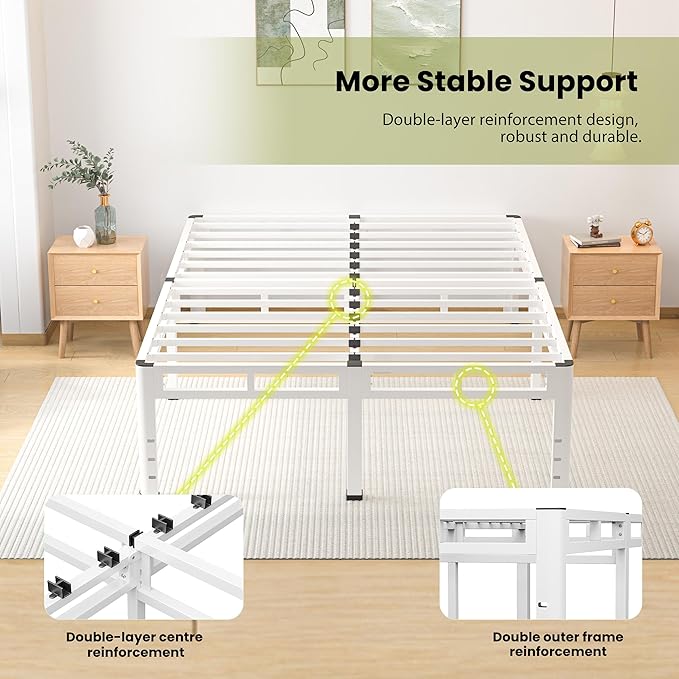 NKZ 20 Inch Full Size Bed Frame Metal Bed Frame &amp Box Spring 2 in 1 Platform with Round Corner Legs 4000lbs Weight Capacity Reinforced Metal Frame Headboard Hole Noise-Free Easy Assembly.