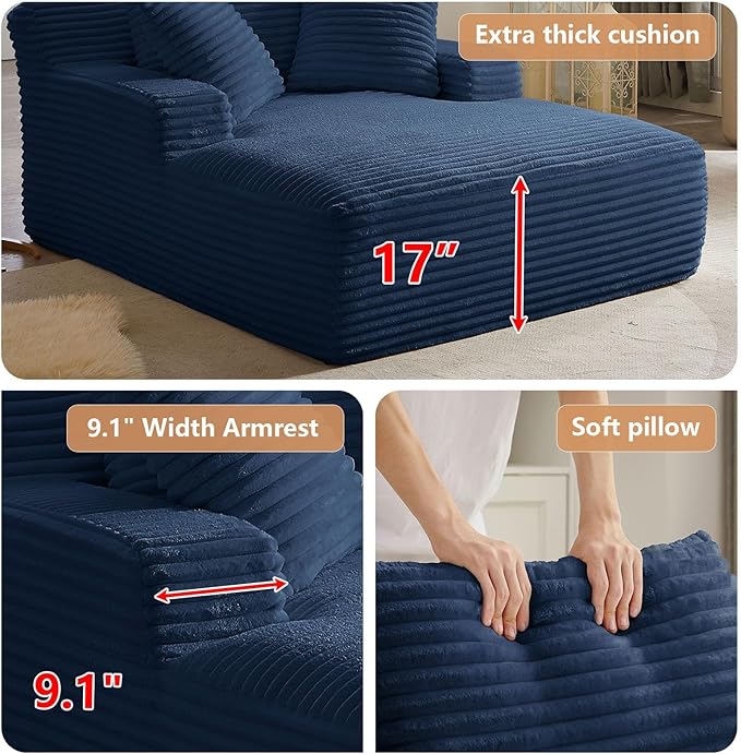 49.2 Oversized Chaise Lounge Chair IndoorCorduroy Boneless Reading Chair with 3 PillowsDeep Seat Cloud Sofa BedComfy Modern Sleeper Chairs in Box for Living Room BedroomNo Assembly(Blue)