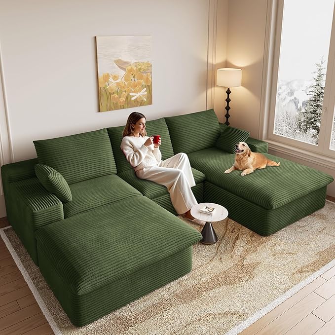 107 Cloud Modular Sectional Sofa with 1 Ottoman Deep Seat Boneless Couch Modern Upholstered Corduroy Couches Comfort U Shaped Sofa for Living Room No Assembly Required(GreenRight Facing Chaise)