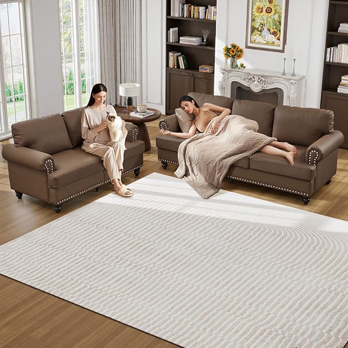 83-inch 3 Seater Couch with Storage Mid Century Chesterfield Faux Leather Vintage Retro Classic Sofa Couch with Nailhead Trim &amp Rolled Armrests for Living Room Bedroom Office Brown