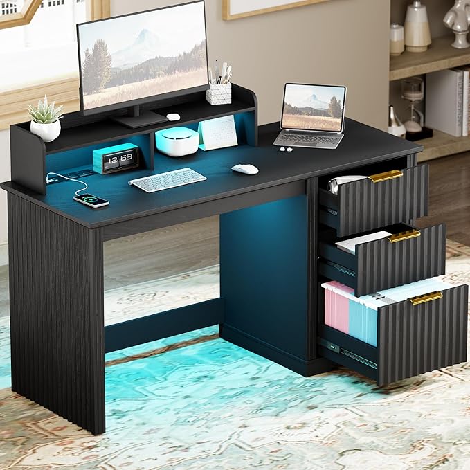 Computer Desk with Monitor Stand 47 inch Home Office Desk with RGB LED Lights and Power Outlets Writing Desk with Storage File Drawer for Working Gaming Writing Black