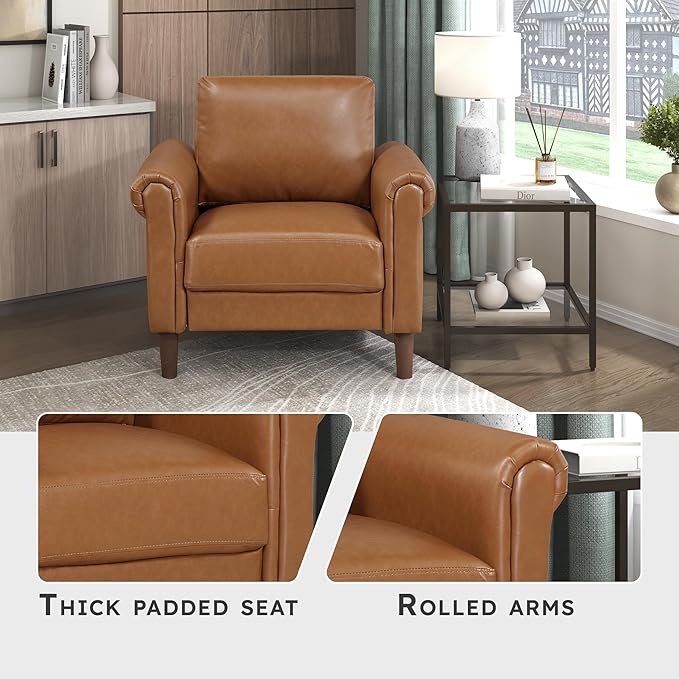 Lexicon 35 W Living Room Accent Chair Faux Leather Upholstered Armchair with Rolled Armrest for Bedroom/Office/Waiting Room Single Sofa Chair Brown