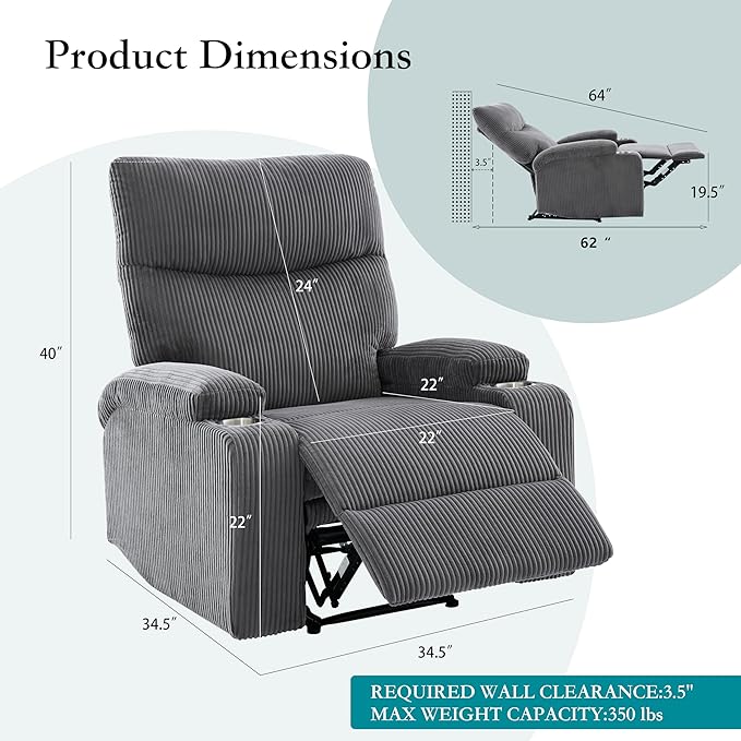 Manual Recliner Chair with Pull Ring 3 Position 140° Reclining Sofa for Living Room Nursery RV and OfficeOversized Recliner Chairs for Adults(Grey Corduroy Fabric)