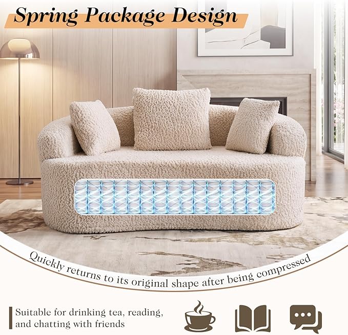 Curved Loveseat Sofa Couch Luxury Deep Seat Loveseat Sofa Couch for Small Place Modern Cloud Couch Floor Couch with 3 Pillows for Living Room &amp Bedroom No Assembly Required (Beige)