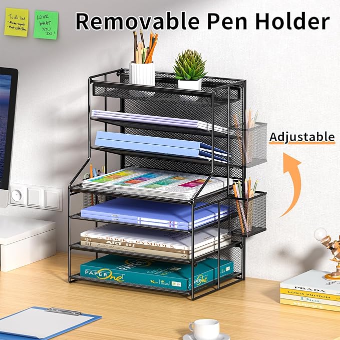7 Tier Desk File Organizer – Vertical File Organizer for Desk with Removable Pen Holder &amp Adjustable Pull-out Drawer – Metal Document Organizer for Office Simple Trending Design – Black