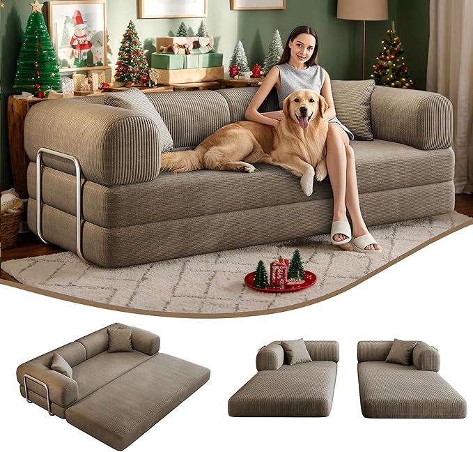 78.8 Modern Convertible Floor Sleeper Sofa Bed Corduroy Modular Boneless Couch with Silver Fixed-Shape Frame No Assembly Futon Cloud Loveseat with Pull-Out Bed for Living Room (Camel)
