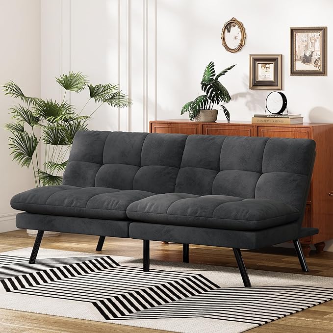 Convertible Futon Sofa Bed Memory Foam Futon Couch with Adjustable Backrest Folding Small Loveseat Sleeper Recliner for Living Room Apartments Bedroom or Office (Black)