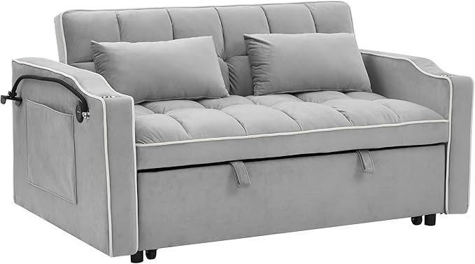 LUMISOL 55.5 Convertible Sleeper Sofa with Pull Out Bed 3-in-1 Loveseat Sofa with USB Ports 2 Cup Holders &amp Storage Pockets Velvet Sleeper Sofa Bed with Adjustable Backrest Grey