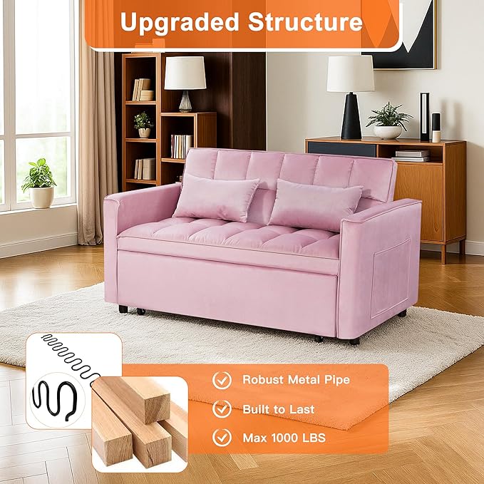 3 in 1 Convertible Sleeper Sofa BedFuton Loveseat Couch with Pull-Out Bed &amp Adjustable BackrestVelvet Fabric Sofa with Side Pocket for Small Apartment Living Room Office