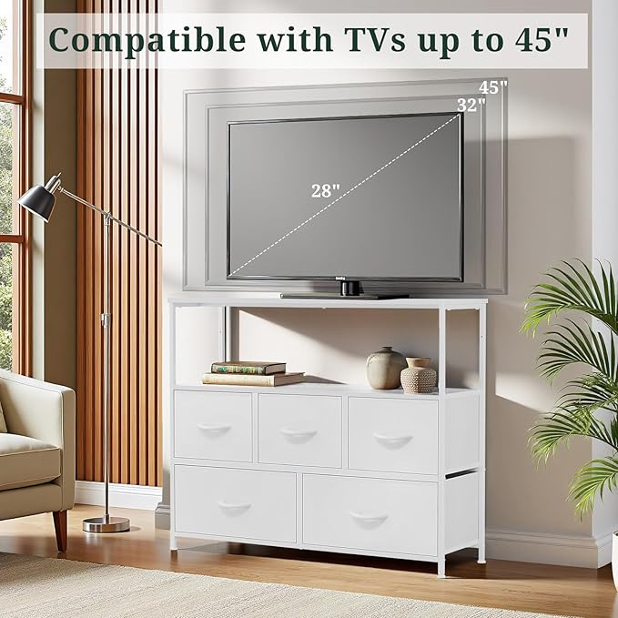 TV Stand 5 Fabric Drawers Dresser Entertainment Center for TV up to 45 inch Wooden Media Console Table Storage Organizer with Open Shelf for Living Room Bedroom or Small Space White