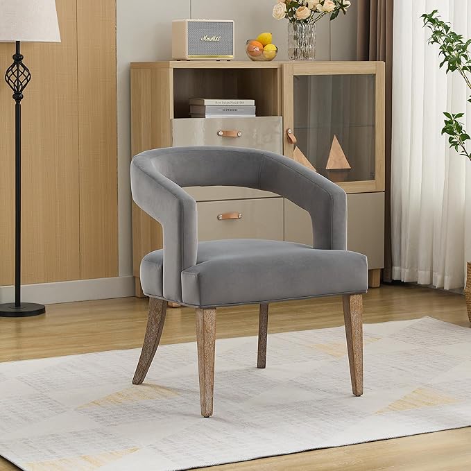 Modern Accent Chair Upholstered PU Leather Barrel Armchairs with Rubberwood Legs Comfy Lounge Arm Chair Hollow-Out Side Club Chair for Living Room Bedroom Office (Gray+Velvet)