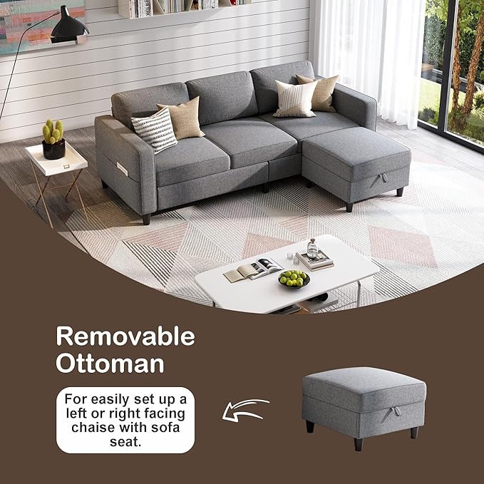 Sectional Sofas Couches for Living Room 78 L-Shaped Couch - Modern Linen Grey Sofa with Storage Ottoman for Apartments Studios &amp Home Offices Small Space