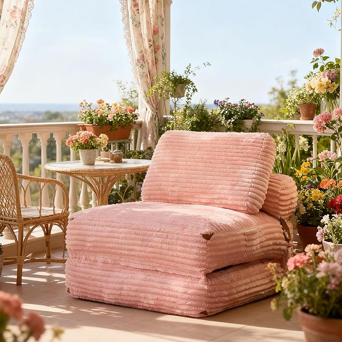 75''Foldable Sofa BedPink Convertible Folding Sleeper Chair BedFoldable Single Sofa Foam Filling Couch with Pillow Comfy Corduroy Lazy Floor Sofa for Small Room Living Room Bedroom Apartment