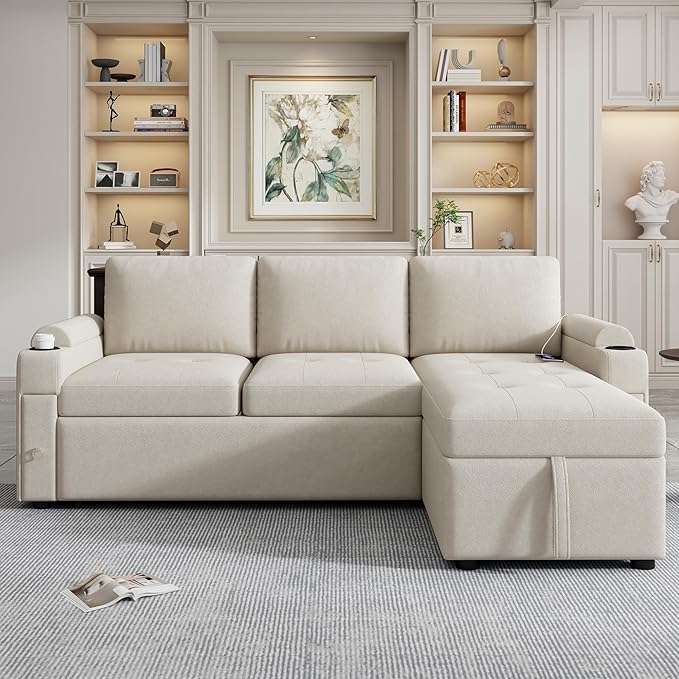 Merax Modern 83.5 L-Shaped Sectional Sofa with Pull-Out Sleeper Bed USB Ports &amp Cup Holders Chenille 3-Seat Couch with Storage Chaise Lounge Side Pocket &amp Drawers for Living Room Beige