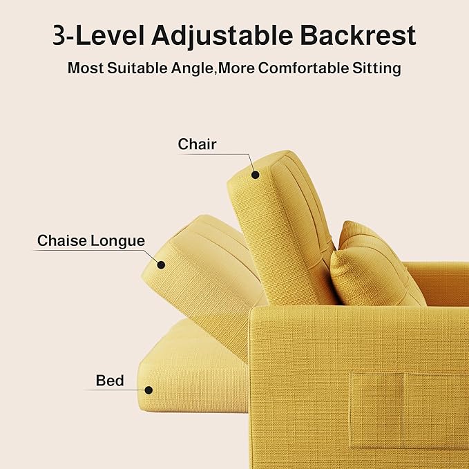 Ahomly Convertible Sleeper Chair Sofa Bed with 3-in-1 Design Adjustable Backrest and Storage Pocket for Living Room Yellow