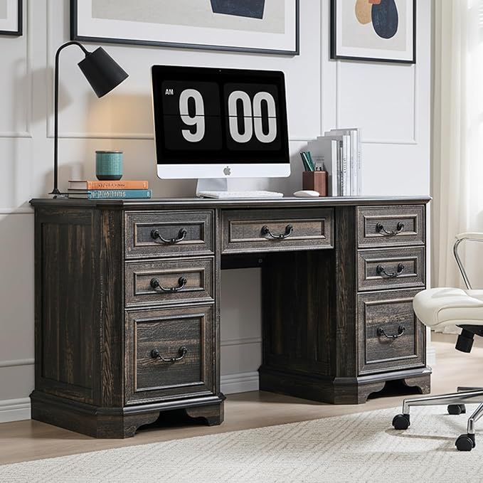 RedLemon 60 Executive Desk with DrawersWood Home Office Desk Featuring Keyboard TrayCharging StationFile Drawer Storage Cabinetfor Work and Study (Dark Rustic Oak)