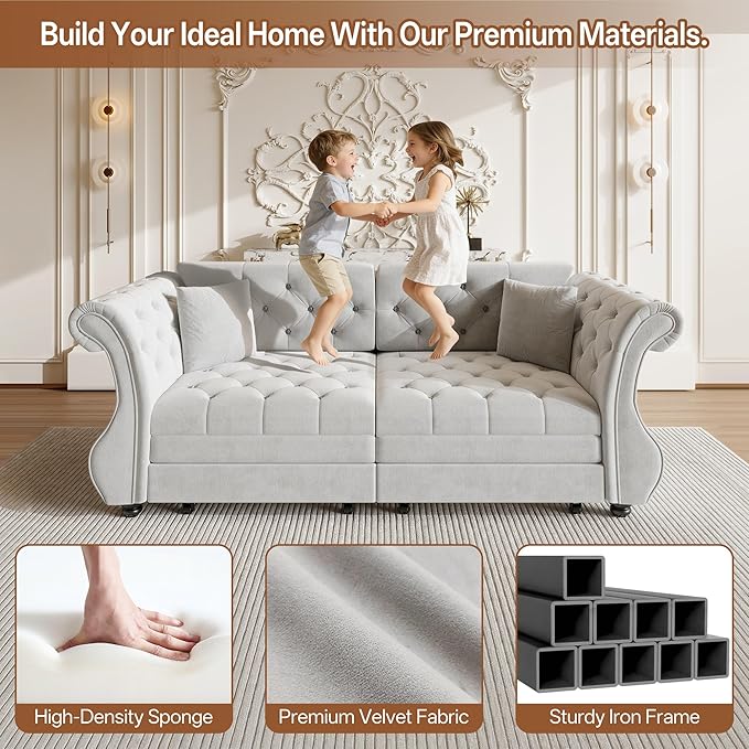 83.8 Queen Size Sleeper Sofa Bed 3-in-1 Convertible Pull Out Chesterfield Sleeper Couch Oversized Velvet Flower Button Tufted Loveseat Sofa for Living Room Small Spaces Grey