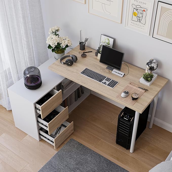 L Shape Computer Desk with 3 Drawers and 2 Shelves Home Office Desk Corner Small Desk with Storage Cabinet for Writing Study Executive – Walnut and White