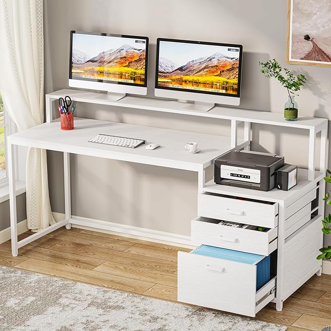 Tribesigns 63 Inch Computer Desk with File Drawer Cabinet Ergonomic Office Desk with Monitor Stand Computer Table with Printer Space Wood PC Table Workstation Desk for Home Office White
