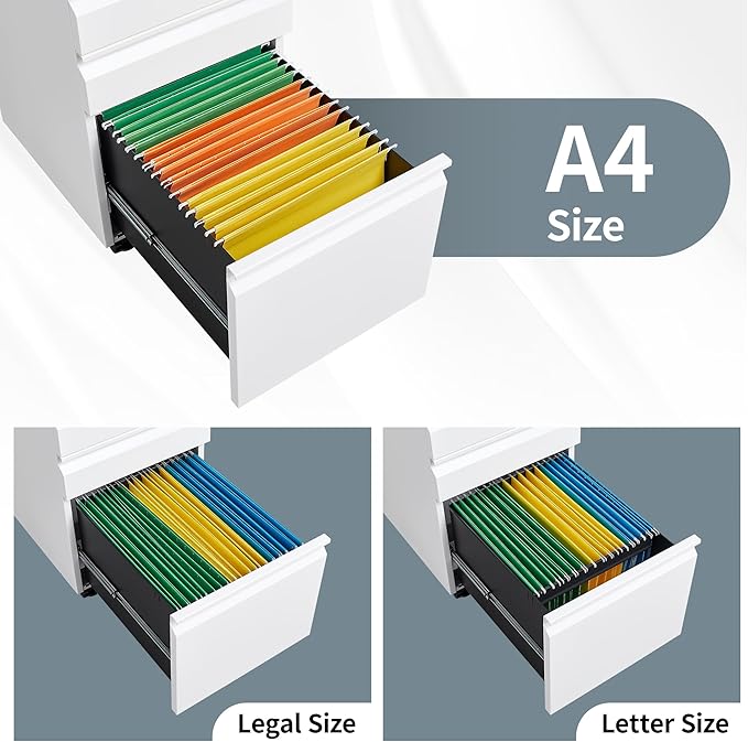 Mobile File Cabinet for Home Office Lockable 3 Drawer Filing Cabinet with Wheels for A4-Size/Letter-Size/Legal-Size Fully Assembled Except Casters White