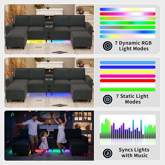 Sectional Couches for Living Room 6 Seat Sectional Sofa with Bluetooth Speaker/RGB Light/Charging Station Teddy Fleece U Shaped Couch with Storage Ottoman and Reversible Chaise Lounge - Dark Grey