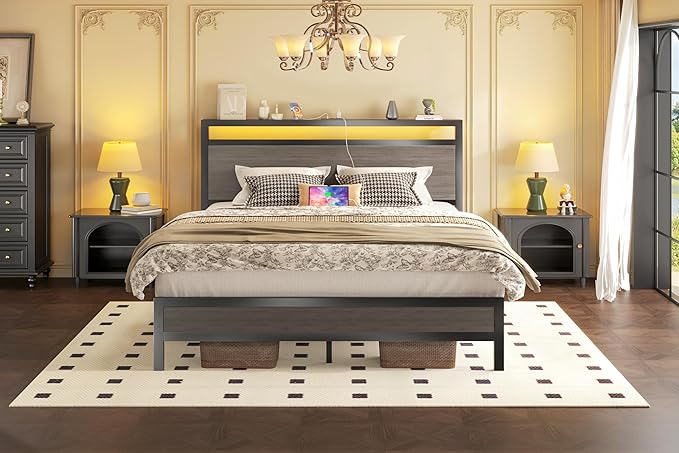 Queen Bed Frame with Headboard &amp Footboard Bed Frame with Built-in Charging Station &amp LED Light Storage Shelf Noise-Free No Box Spring Needed Easy Assembly Rustic Grey