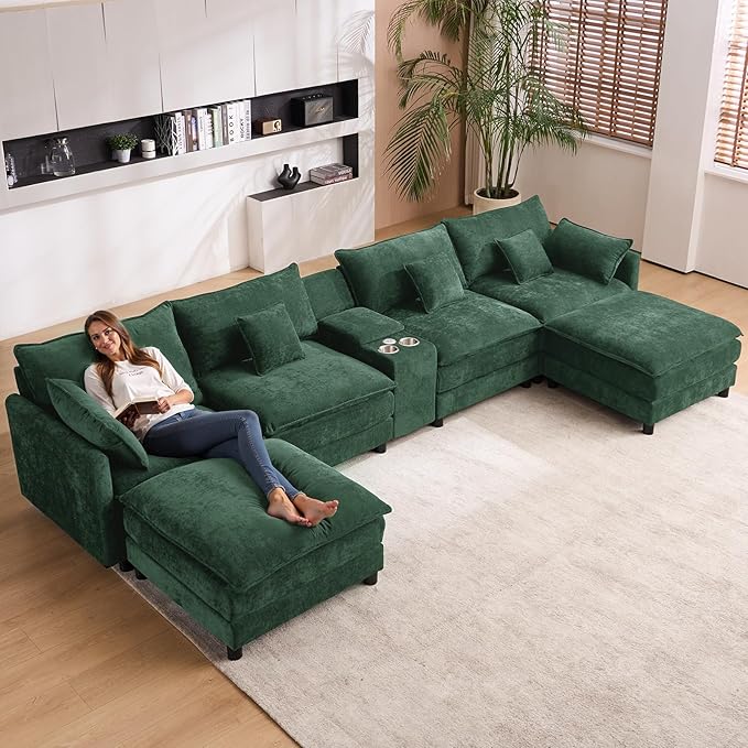 145 Oversized Modular Sectional Sofa U Shaped Cloud Couch 6 Seat Sofa Set for Living Room Comfy Fluffy Chenille Deep Seat with Storage Central Console Movable Ottomans Cup Holders USB Ports Green