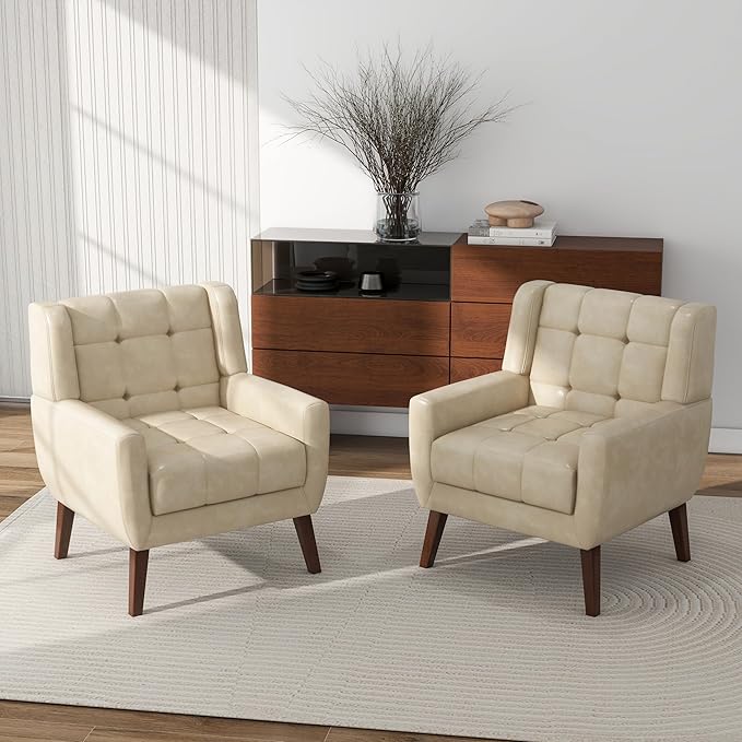 Accent Chair Comfy Mid Century Modern Small Armchairs with Solid Wood Frame and Soft Cushion for Living Room Bedroom (Faux Leather Cream Set of 1)