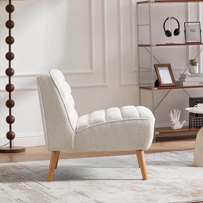 GDFStudio 24.4 Wide Modern Accent Chair Armless Upholstered Lounge Chair with Chenille Fabric &amp Rubber Wood Legs Compact Space-Saving Design for Living Room Bedroom Office - Ivory