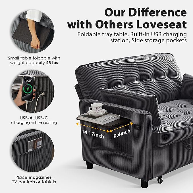 Sleeper Sofa Bed 55‘’ Convertible Pull Out Couch with Small Table| USB Port | Side Pockets | Corduroy Fabric | Adjustable Backrest for Apartment Office Bedroom Guest Room