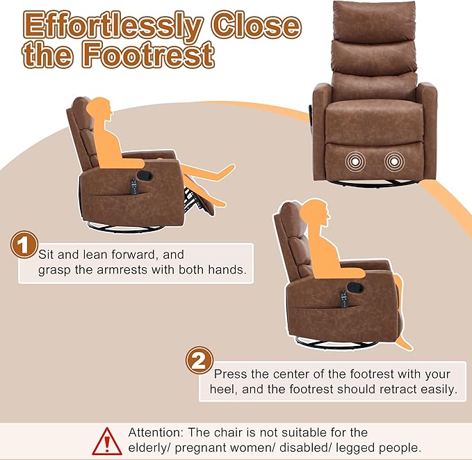 Manual Swivel Rocker Recliner Chair for Adults Overstuffed Reclining Glider Chair for Nursing with Vibration Massage &amp Heat Living Room Rocking Recliner 3-Stage backrest Faux Leather Yellow Bro