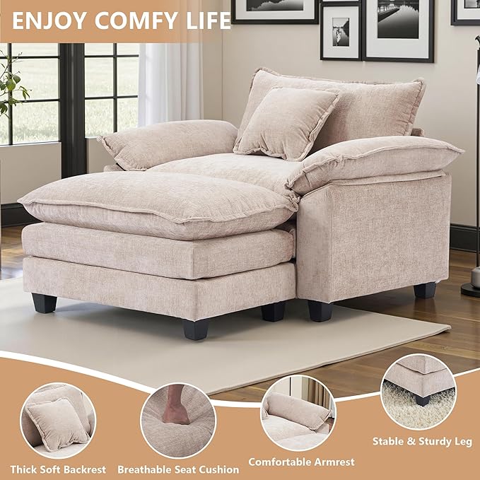Gexpusm Oversized Accent Chair with OttomanOversized Chaise Lounge Chair Indoor with Deep SeatReading Chair Comfy Chenille Sofa Couch Chair for Living Room Bedroom Modern Lounge Chair (Khaki)