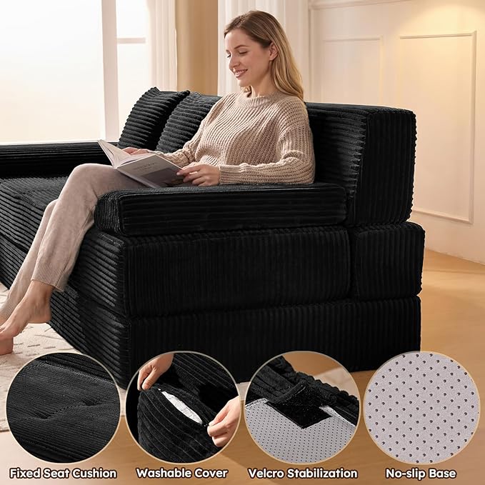 78.7IN Folding Sofa Bed - Convertible Sleeper Sofa Couch with Removable Pillows 3 Seater Couches Bed for Living Room Bedroom Apartment No Assembly Required Freestanding Corduroy Black