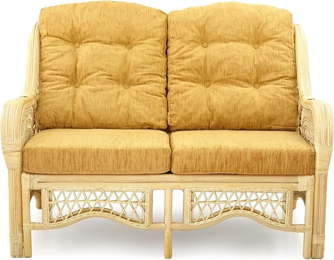 Malibu Lounge Loveseat Natural Color Sofa Natural Rattan Wicker Handmade Design with Light Brown Cushions