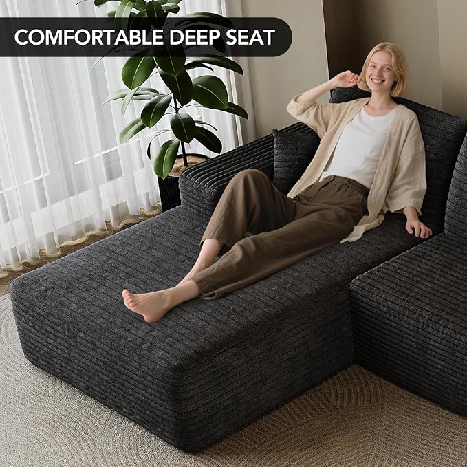 107.7 Boneless Sectional Couch Modern Modular U - Shape Corduroy Upholstered Sofa for Living Room - Deep Seat with Chaise and Ottoman(Black 2 Seater+Left Facing Chaise+Ottoman)