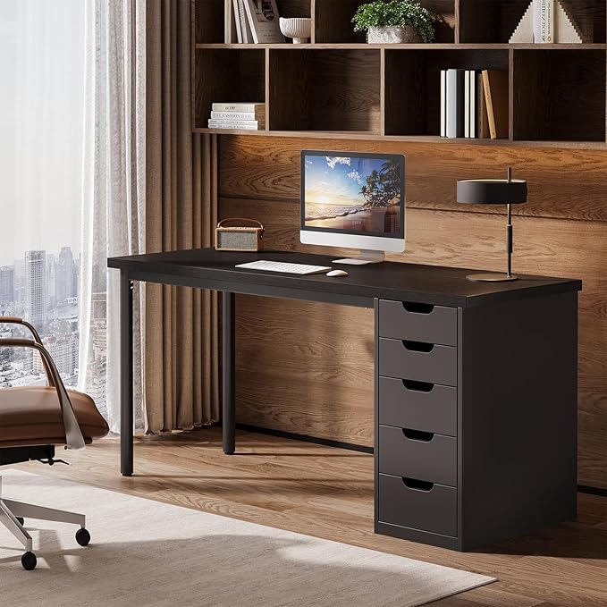 Tribesigns Modern Simple Computer Desk 47 Inches PC Desk with 5 Reversible Drawers Rustic Brown Study Writing Table Workstation for Home Office Small Spaces (Black)