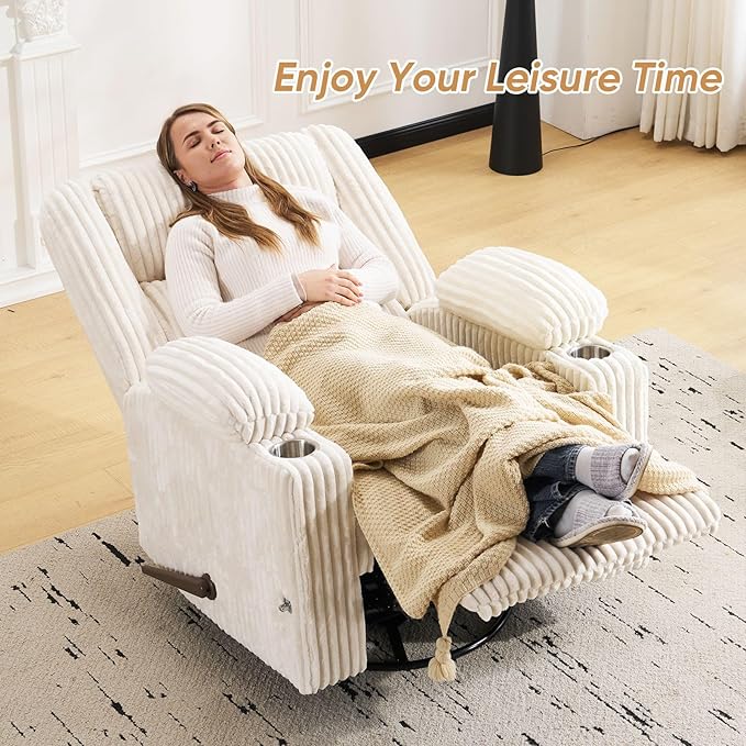 Oversized Manual Recliner Chair with Arm StorageSwivel Rocker Recliner Chair for Adults with Adjustable HeadrestNursery Glider Recliner with Phone Stand and Side Pockets for Living RoomBeige