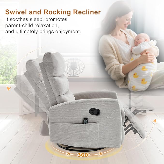 Manual Swivel Rocker Recliner Chair for Adults Overstuffed Reclining Glider Chair for Nursing with Vibration Massage &amp Heat Living Room Rocking Recliner 3-Stage backrest Chenille Fabric Light G