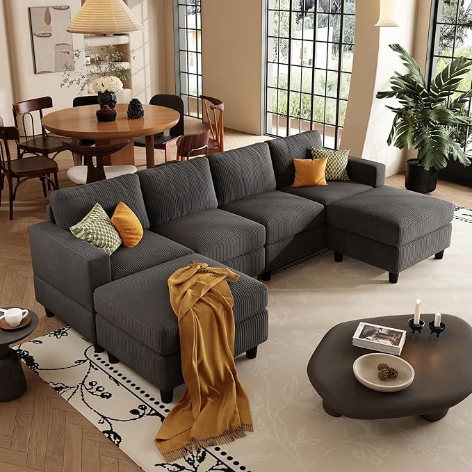 101 Inch Oversized Corduroy Sectional Sofa U Shaped Sectional Sofa with 2Ottomans 6 Seater Convertible Corduroy Sofa Comfortable Living Room Couch (Dark Gray 4 Seat with 2 Ottoman)