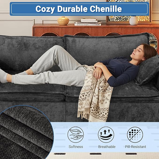 73 Sleeper Sofa Bed 3-in-1 Pull Out Couch with USB/Type-C Charging &amp Side Pockets Convertible Chenille Loveseat Chaise Lounge Space-Saving Sofa for Living Room Black