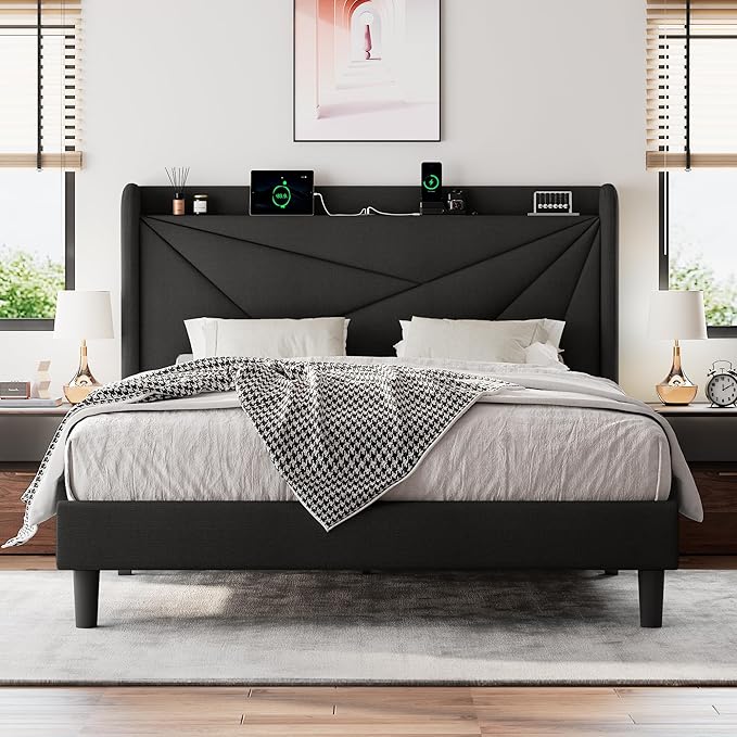 Full Size Upholstered Bed Frame with Charging Station Platform Bed Frame with Storage Headboard Solid Wood Slats Support No Box Spring NeededBlack