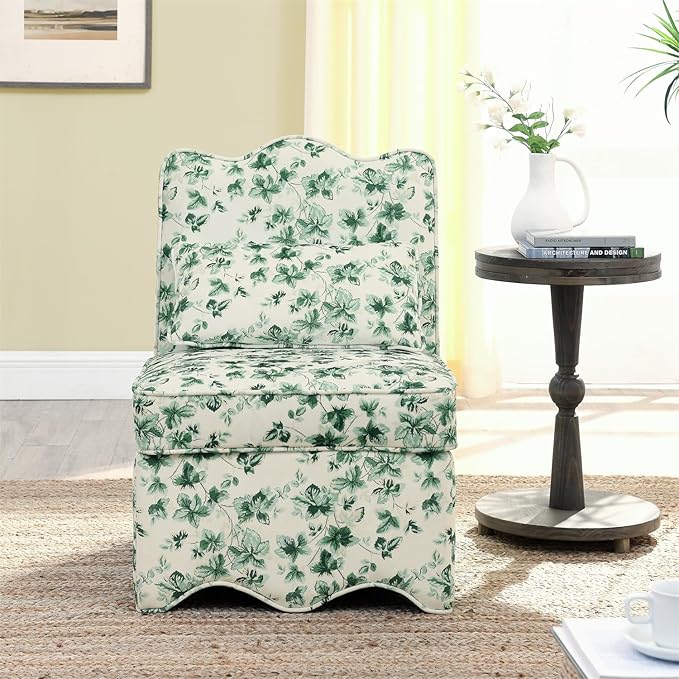 Polibi Retro Single Chair with Flower Pattern and Wave-Shape Edge Flannel Upholstered Armless Sofa Chair with Seat Cushion and Pillow for Living Room Bedroom Green Flower
