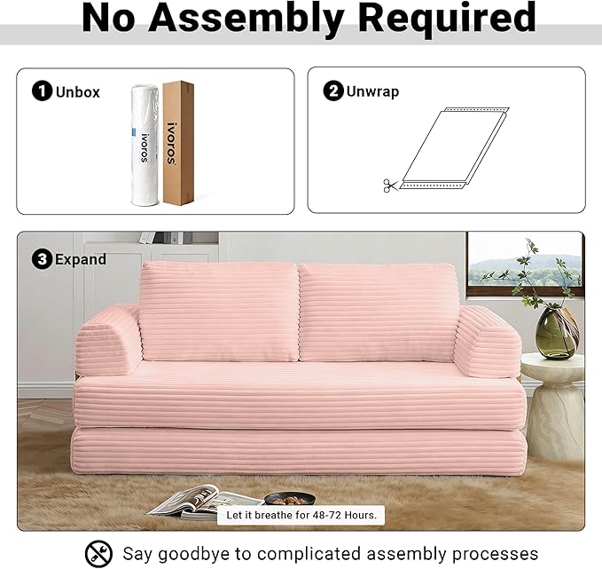 80 Convertible Sofa Bed Modern Corduroy Sleeper Sofa Folding Floor Couch with Golden Fixed-Shape Frame Pink Boneless Loveseat Sofas Bed for Living Room Bedroom No Assembly Needed