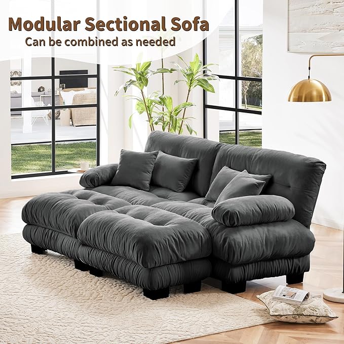Cloud Couch Modular Sectional Sofa Loveseat U Shaped Couch with Ottoman Sectional Couches for Living Room Oversized Deep Seat Sofa with Round Bolster Armrests 4 Pillows Gray