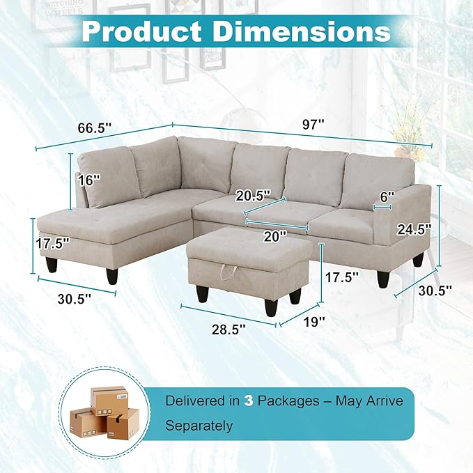 97 Oversized Sectional Couch L Shaped Couch with Storage Ottoman Modern Modular Sofa with Deep Seat Sectional Couches for Living Room and Office Off-White (Flannelette)