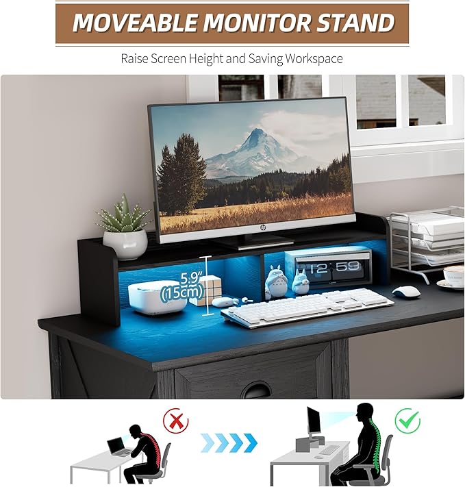 Executive L Shaped Desk with Monitor Stand 59 inch Farmhouse Corner Computer Desk with Power Outlets &amp LED Lights Home Office Desk with File Cabinet for Working Gaming Writing Black