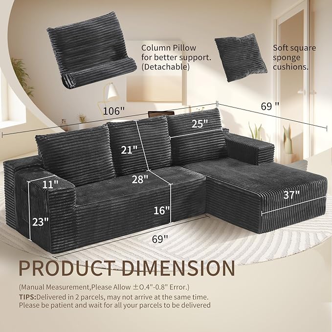 106'' Cloud Sectional Couch with L-Shape Chaise Boneless Modular Sofa with Deep Seat Modern Corduroy Couch for Living Room No Assembly Required. (Grey Right-Facing Chaise)
