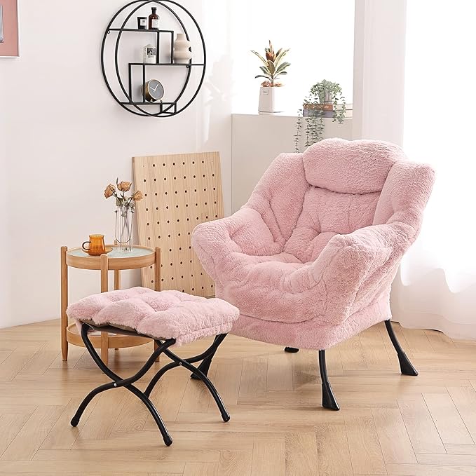LITA Lazy Chair with Ottoman Modern Accent Leisure Upholstered Sofa Contemporary Lounge Reading Chair with Armrests and a Side Pocket for Living Room Bedroom &amp Small Spaces Plush Pink
