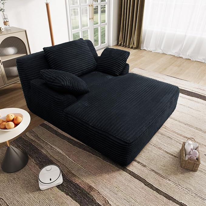 65.3'' Oversized Lounge Chaise Couch with Square Armrest Boneless Chaise Lounge with Cushions Corduroy Single Sofa Chair with 2 Pillows No Assembly for Living Room Apartment Black