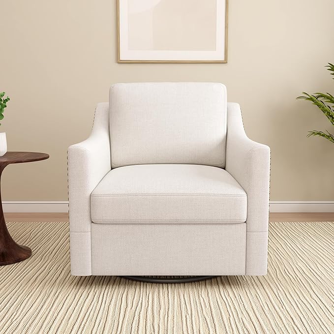 Swivel Accent Chairs for Living Room 360° Swivel Upholstered Club Armchairs with Nailhead Trim Metal Swivel Base Linen-Textured Fabric – White